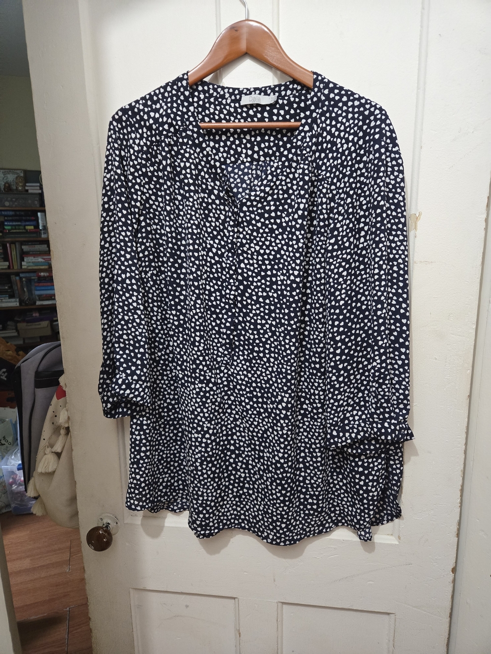 Dalia Black Top with White Heart Print, Vneck, Button 2-3x